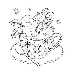 Xícara de chocolate quente com biscoito de gengibre e doces para colorir