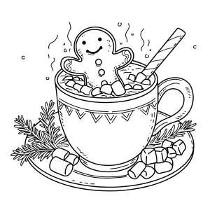 Xícara de chocolate quente com boneco de gengibre para colorir