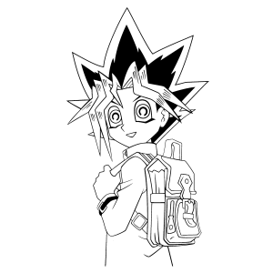 Yugi com a mochila a caminho da escola para colorir