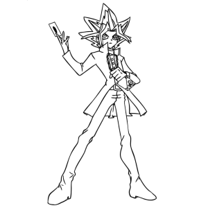 Yugi de uniforme escolar com a carta na mão para colorir