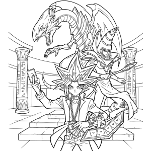 Yugi duelando com o Dragão Branco ao fundo para colorir