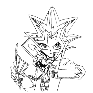 Yugi Muto apontando a carta para o duelo para colorir