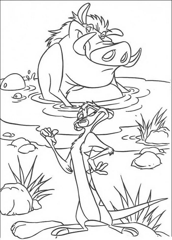 Timão e Pumba no riacho para colorir