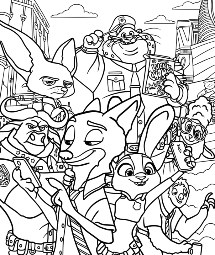 Toda a turma de Zootopia reunida para colorir