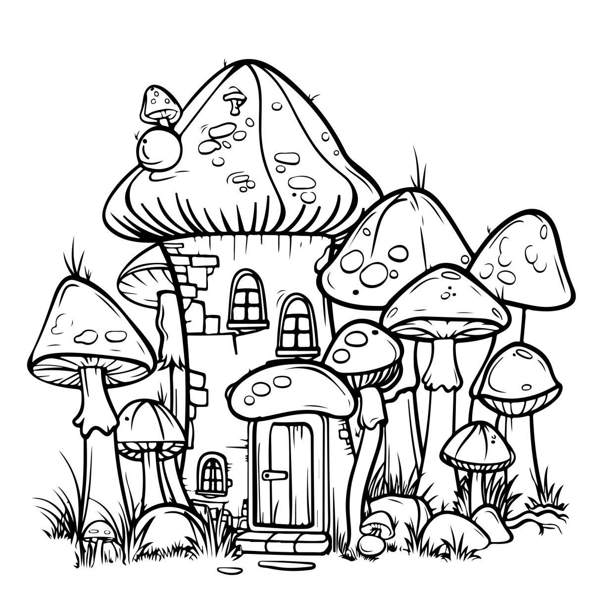 Torre de casinhas de cogumelo empilhadas para colorir