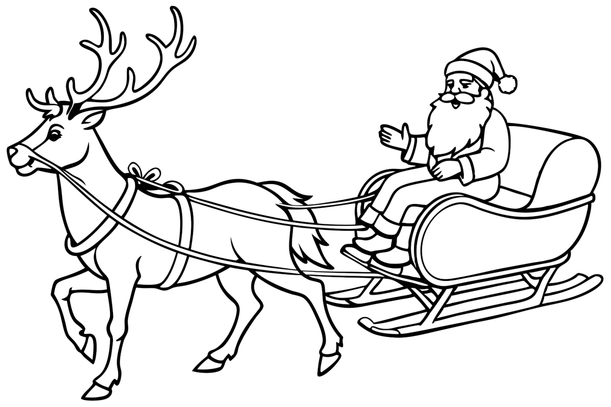 Trenó do Papai Noel com rena de galhada grande para colorir
