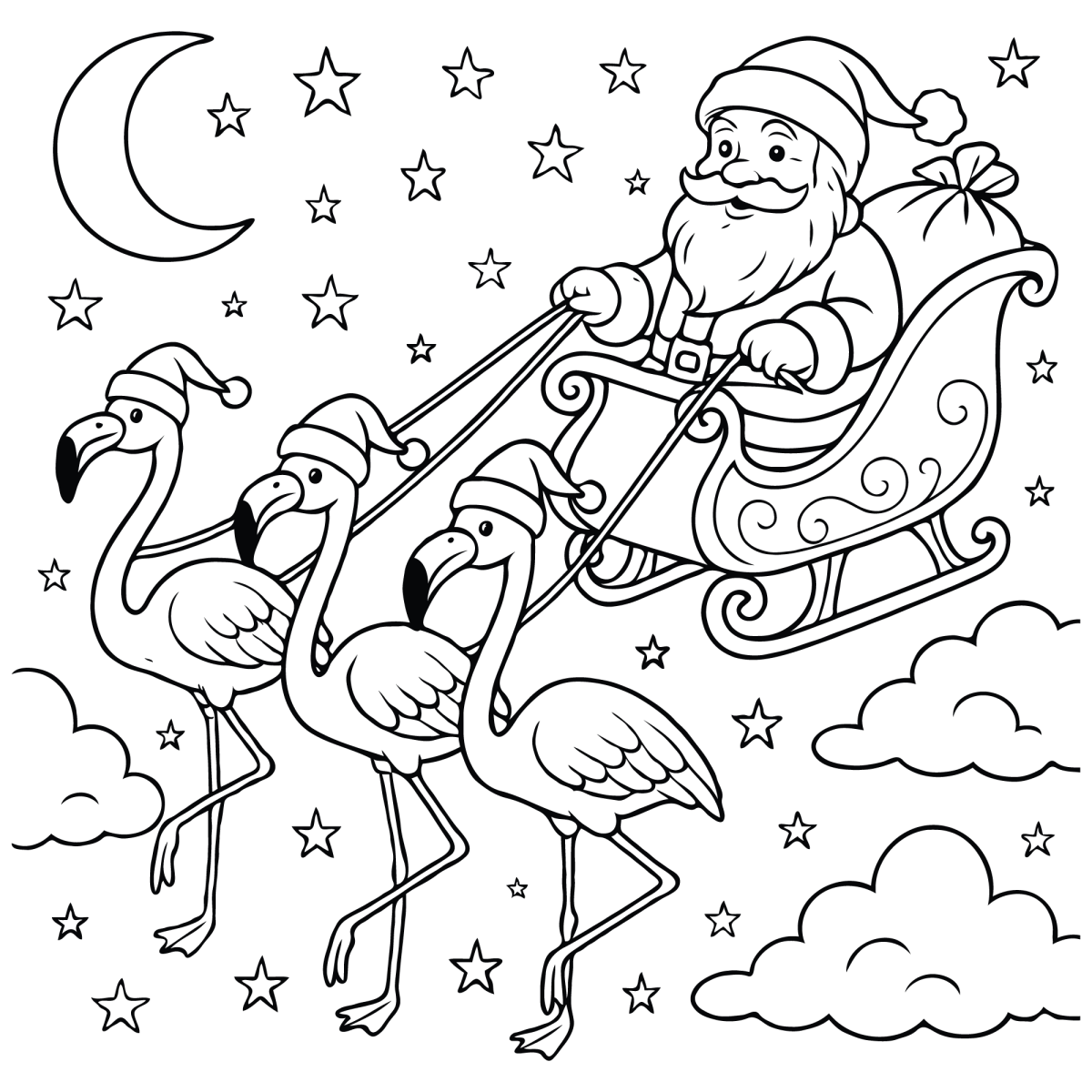 Trenó do Papai Noel puxado por flamingos para colorir
