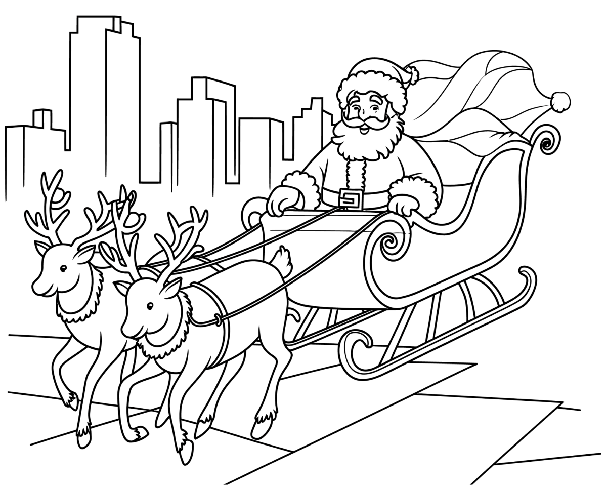 Trenó do Papai Noel sobrevoando a cidade para colorir