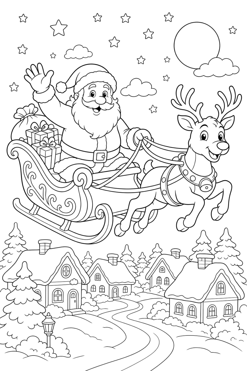 Trenó do Papai Noel sobrevoando a vila na neve para colorir