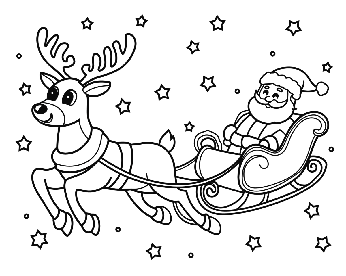 Trenó do Papai Noel voando entre as estrelas para colorir