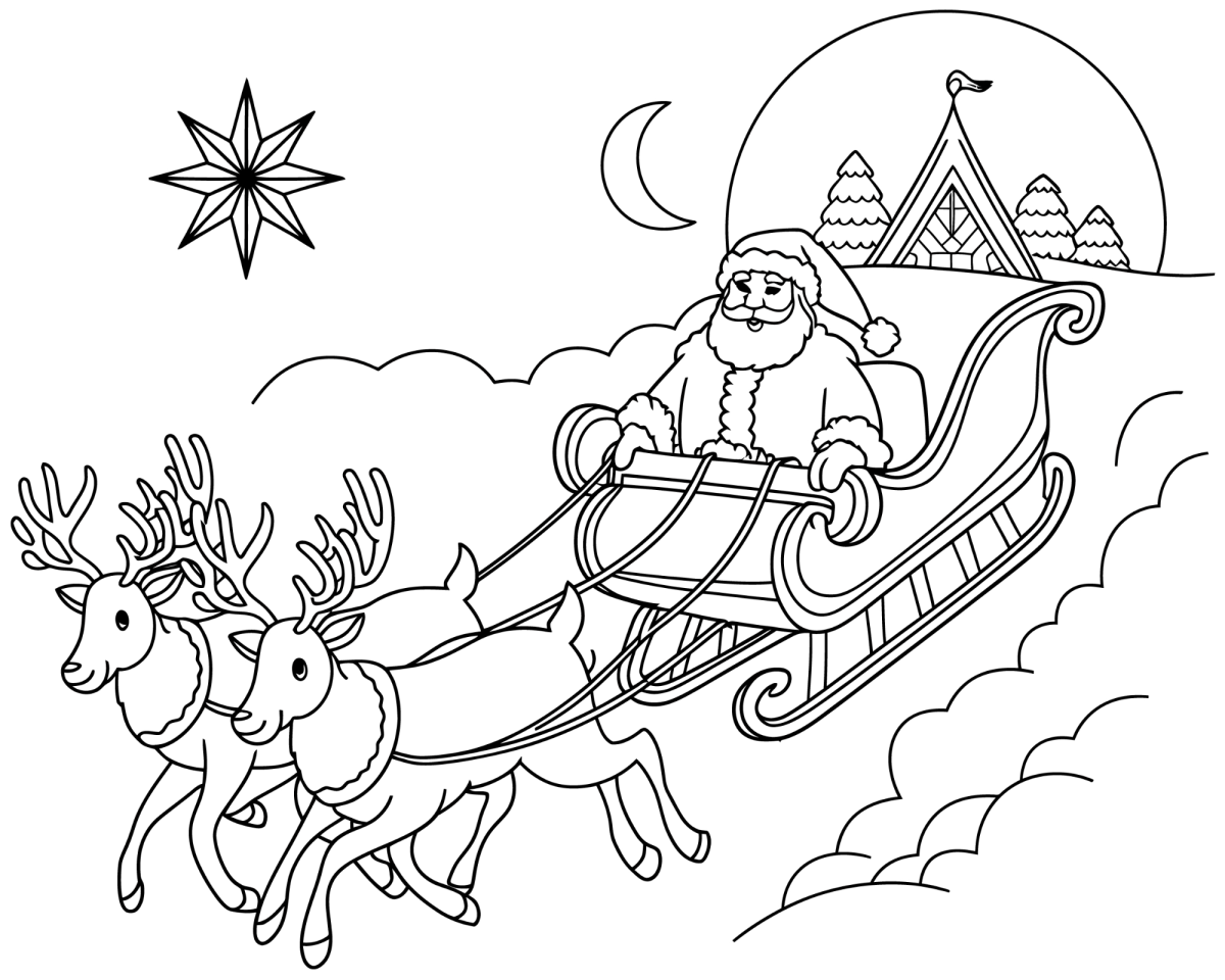 Trenó do Papai Noel voando sobre a vila na noite de Natal para colorir