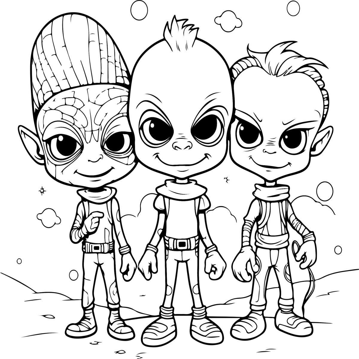 Três amigos alienígenas de mãos dadas para colorir