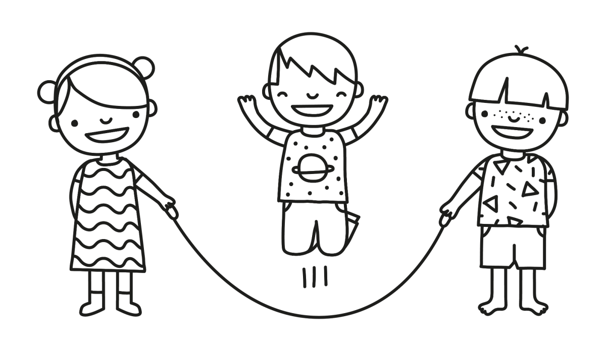 Três amigos pulando corda para colorir