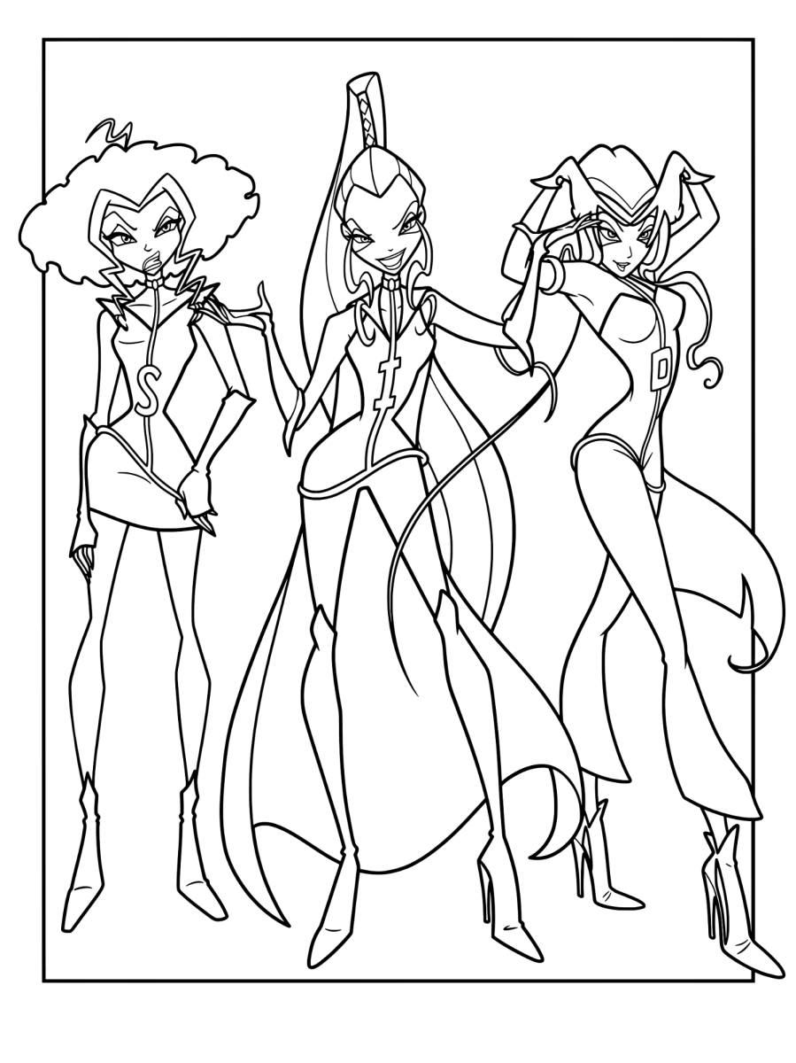 Três fadas Winx lado a lado para colorir