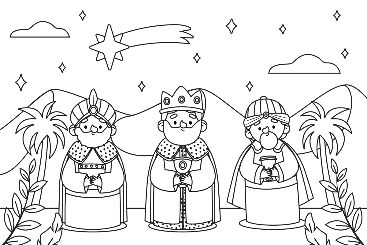 Três Reis Magos caminhando sob a estrela cadente para colorir