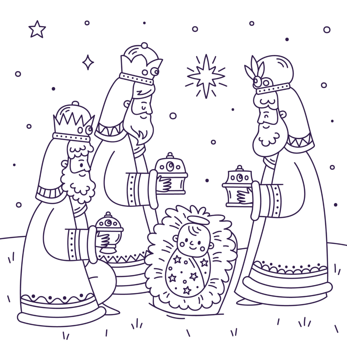 Três Reis Magos cantando com lanternas na neve para colorir