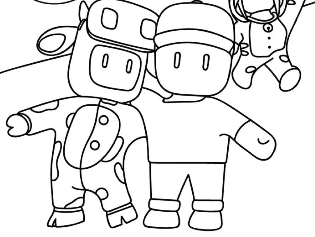 Trio de Stumble Guys com fantasia de vaca para colorir