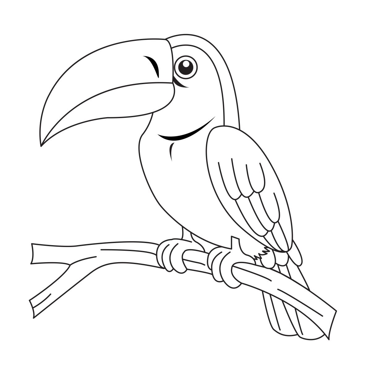 Tucano de traço fino no galho para colorir
