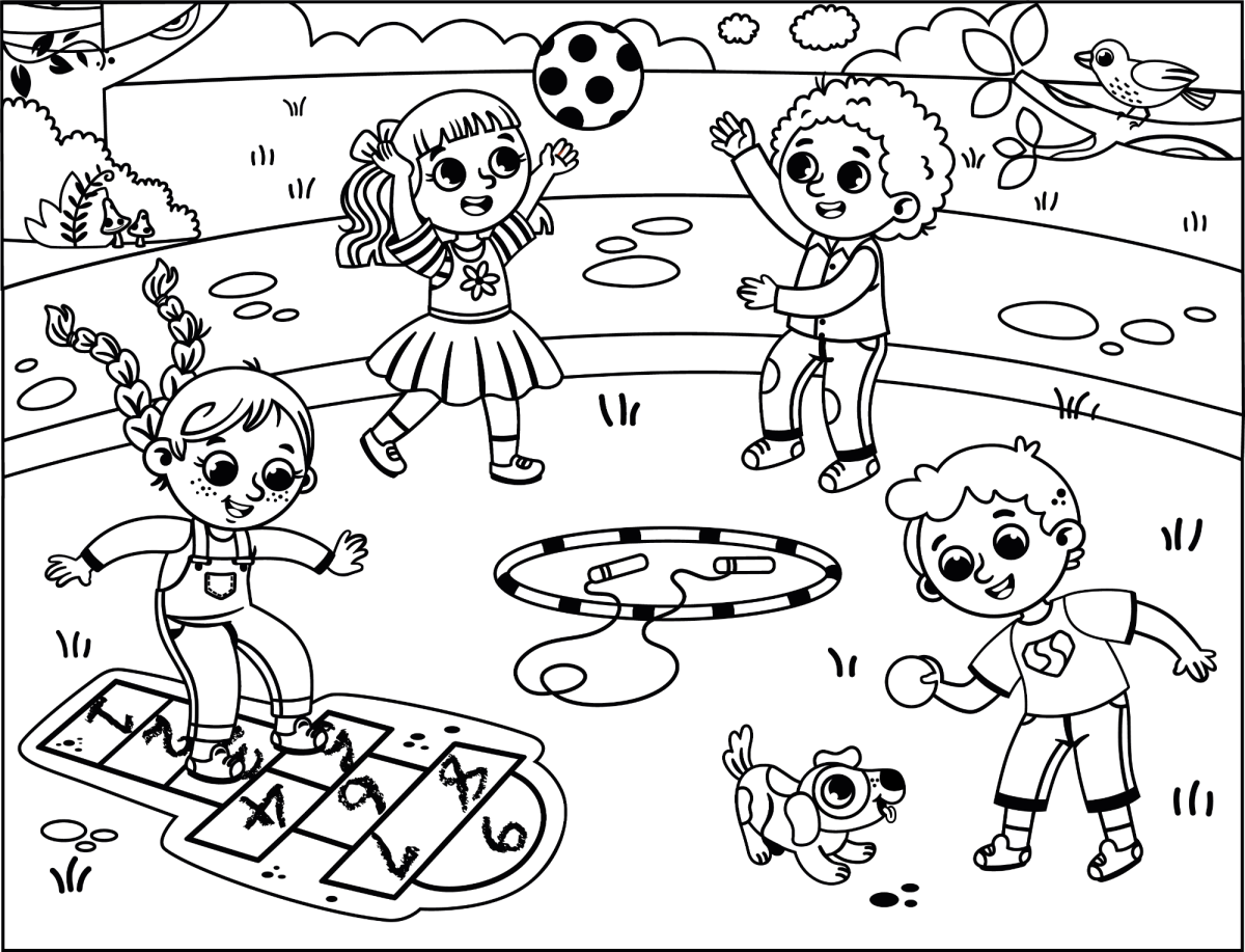 Turma brincando de amarelinha e bola no pátio para colorir