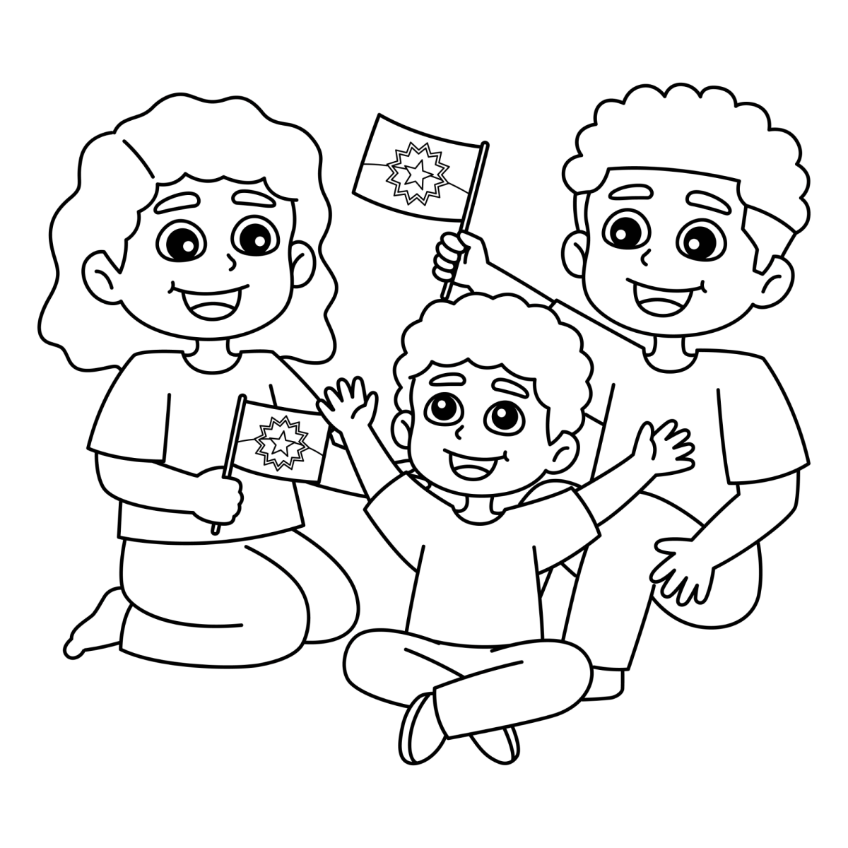 Turma de amigos com bandeirinha e sorvete para colorir