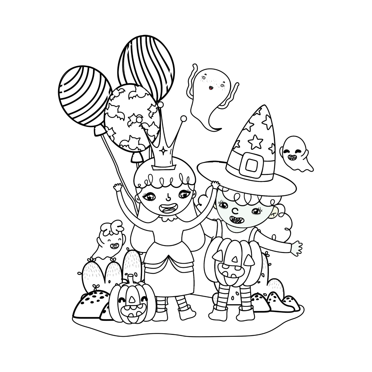 Turma de amigos fantasiados com balões para colorir