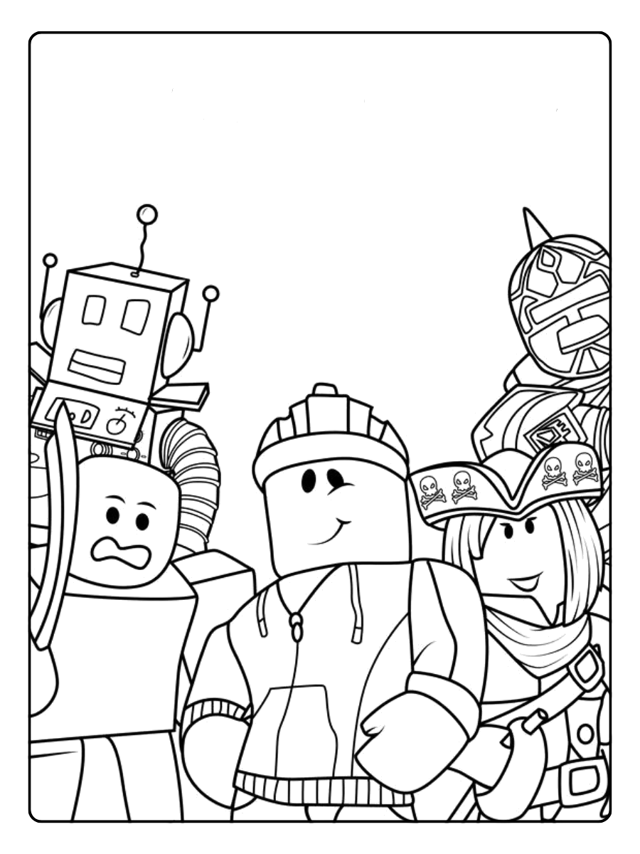 Turma de avatares do Roblox com robô para colorir