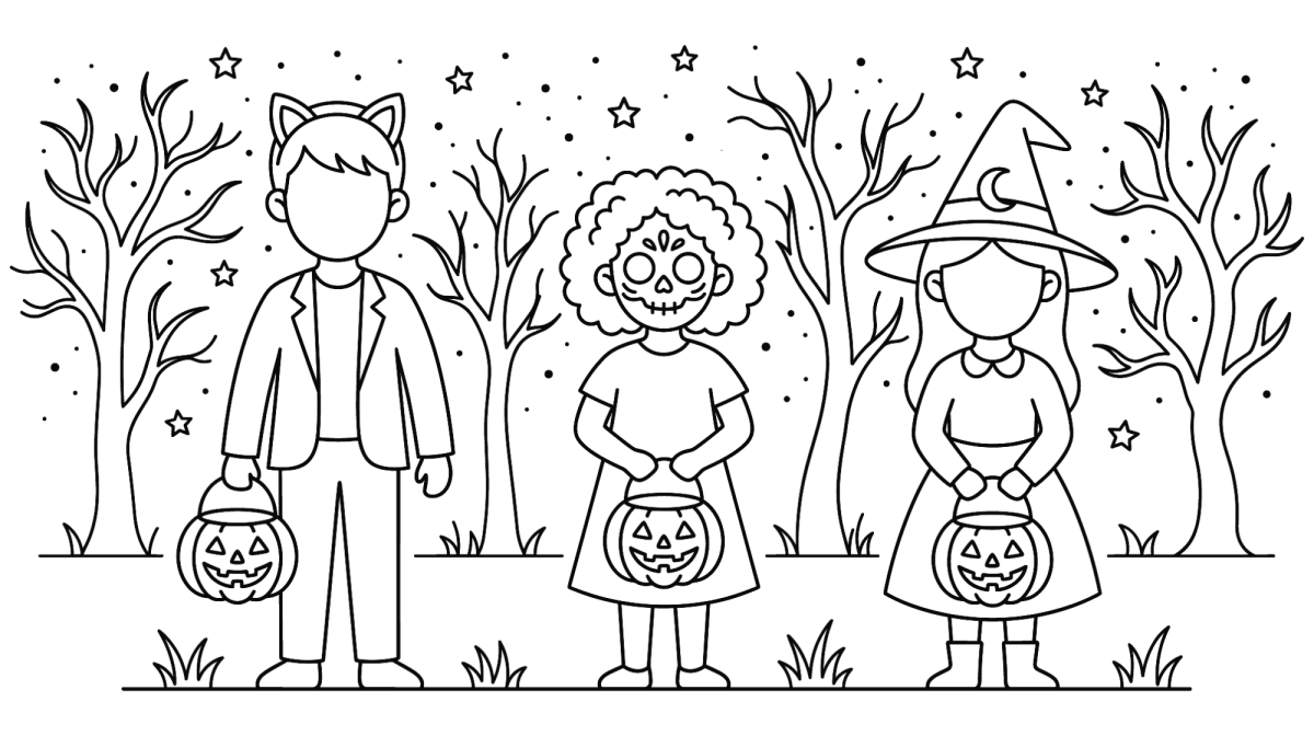 Turma de crianças fantasiadas com baldinhos para colorir