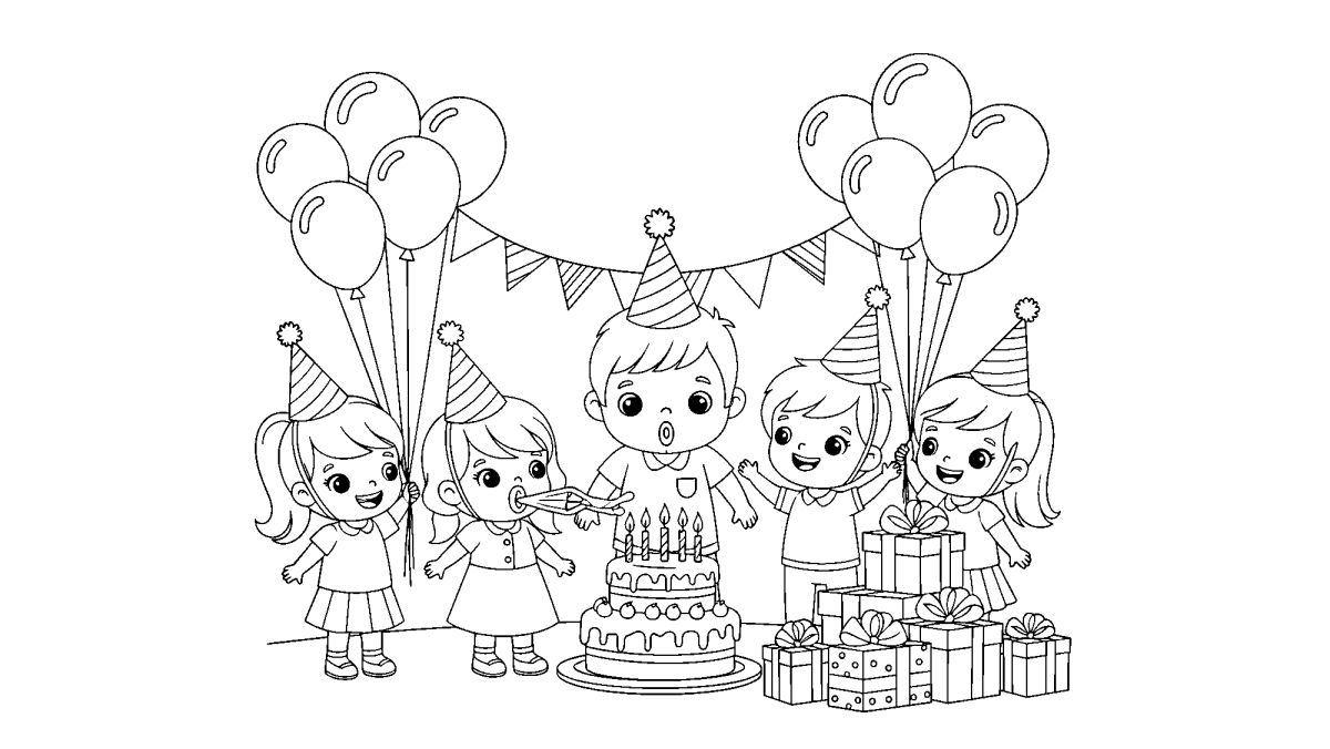 Turma de crianças na festa com bolo e balões para colorir