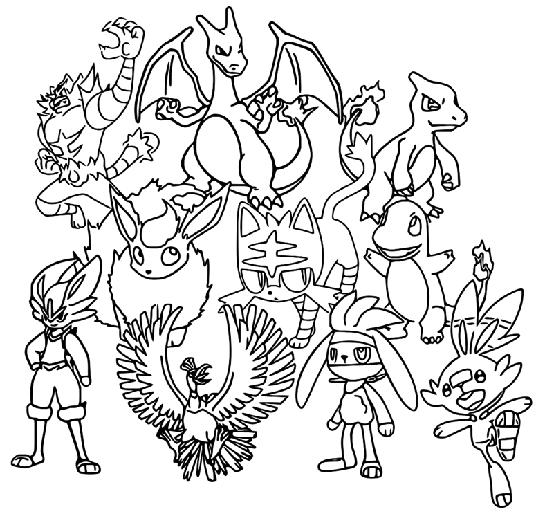 Turma de Pokémon com o treinador para colorir
