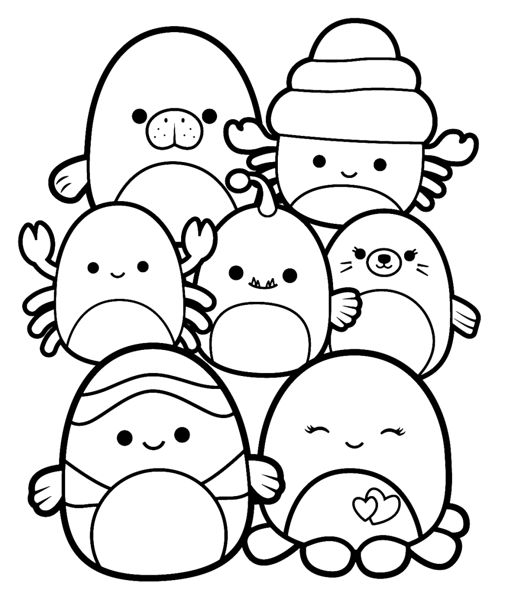 Turma de Squishmallows reunida para colorir