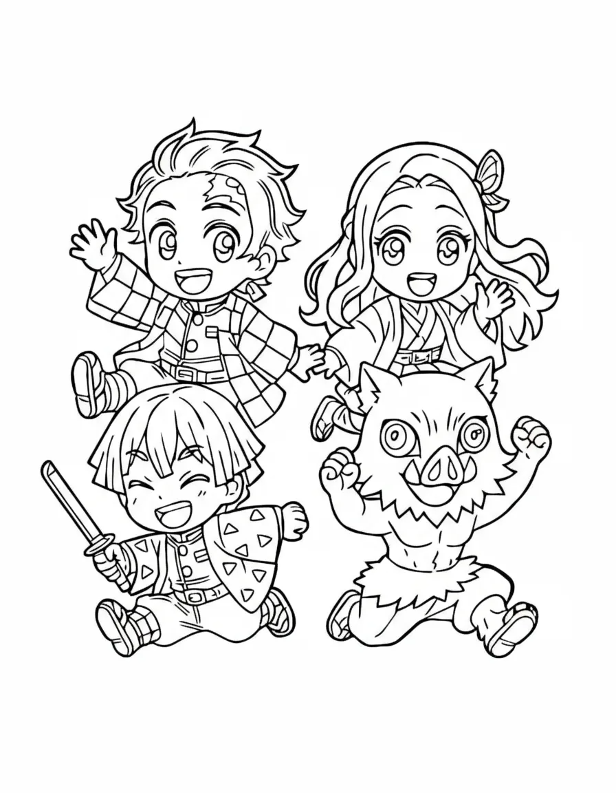 Turma do Demon Slayer em versão chibi para colorir