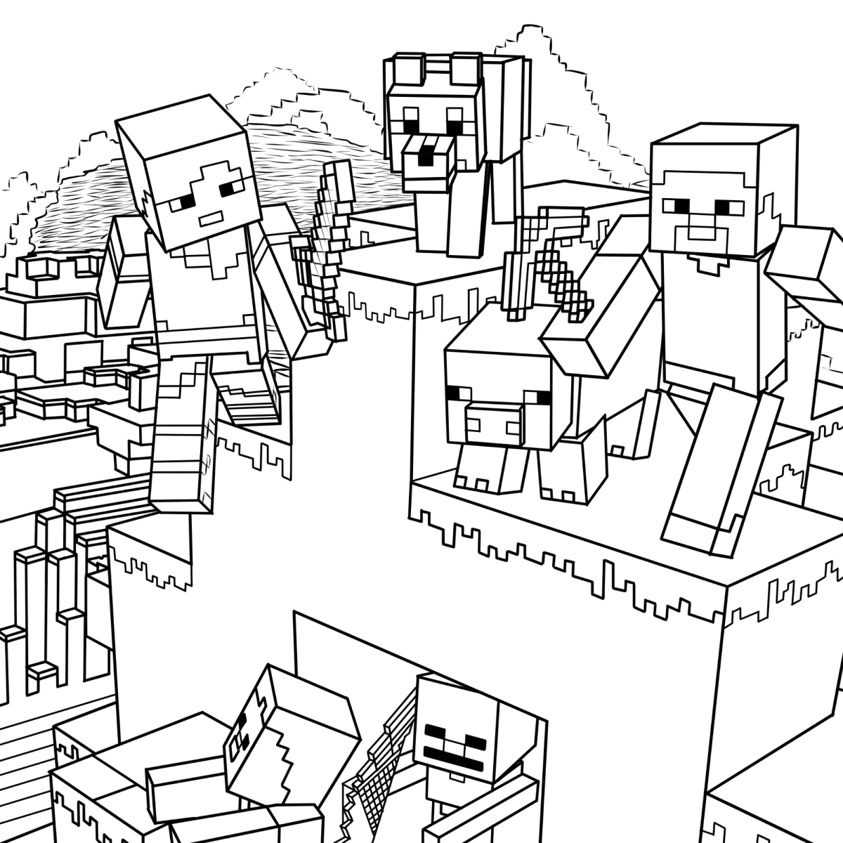 Turma do Minecraft na floresta para colorir