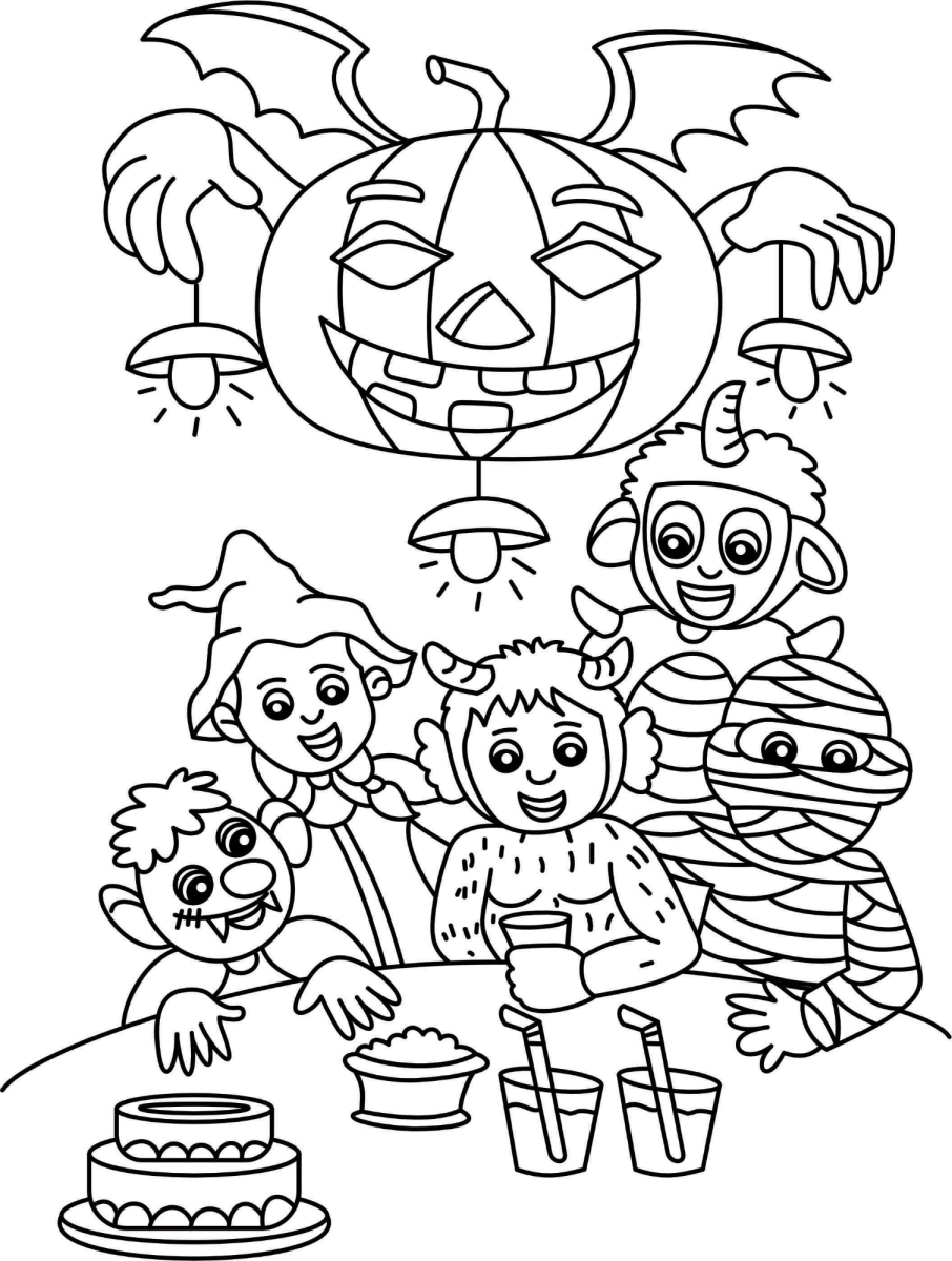 Turma fantasiada com abóboras e doces para colorir