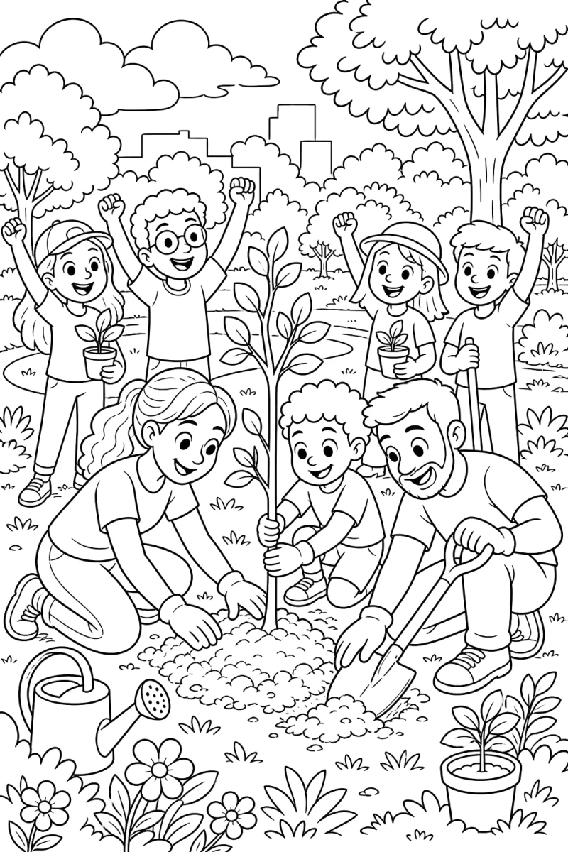 Turma plantando árvores juntos para colorir