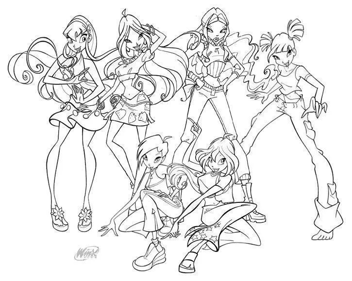 Turma Winx completa em pose de equipe para colorir
