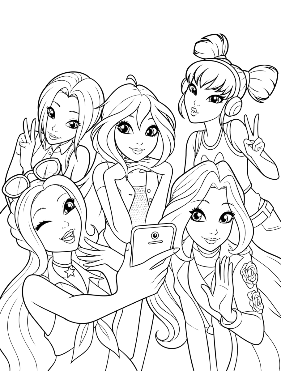 Turma Winx em versão fofinha com cabelos grandes para colorir