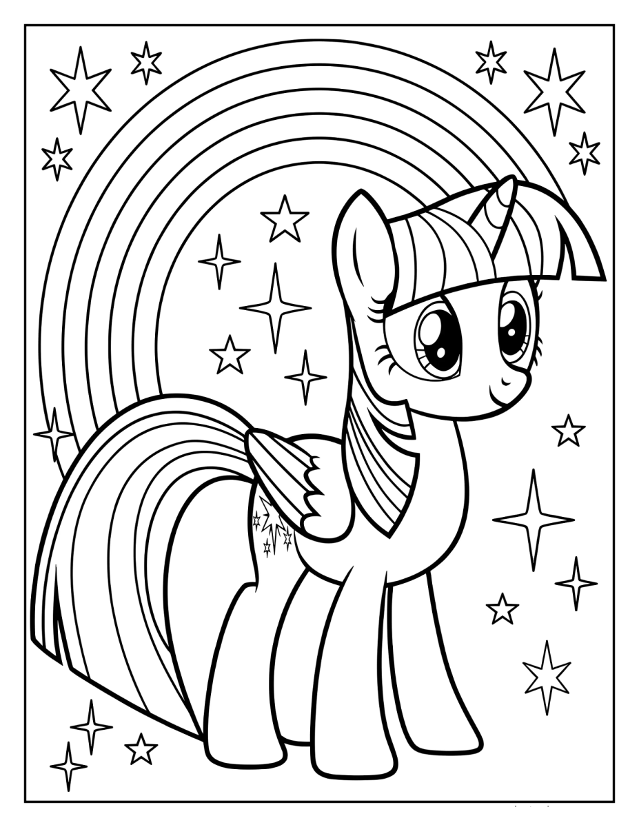 Twilight Sparkle embaixo do arco-íris com estrelas para colorir