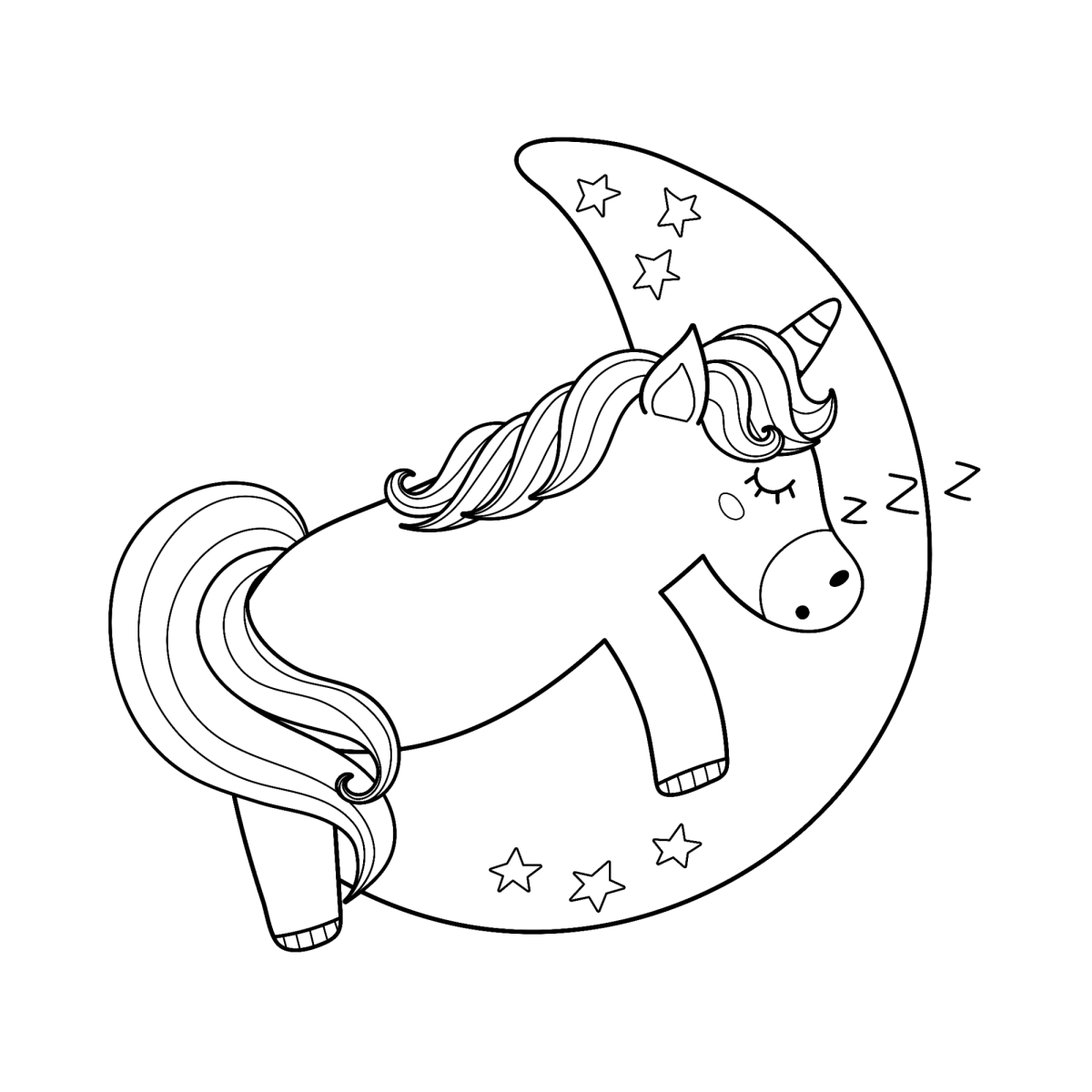 Unicórnio deitado na lua crescente para colorir