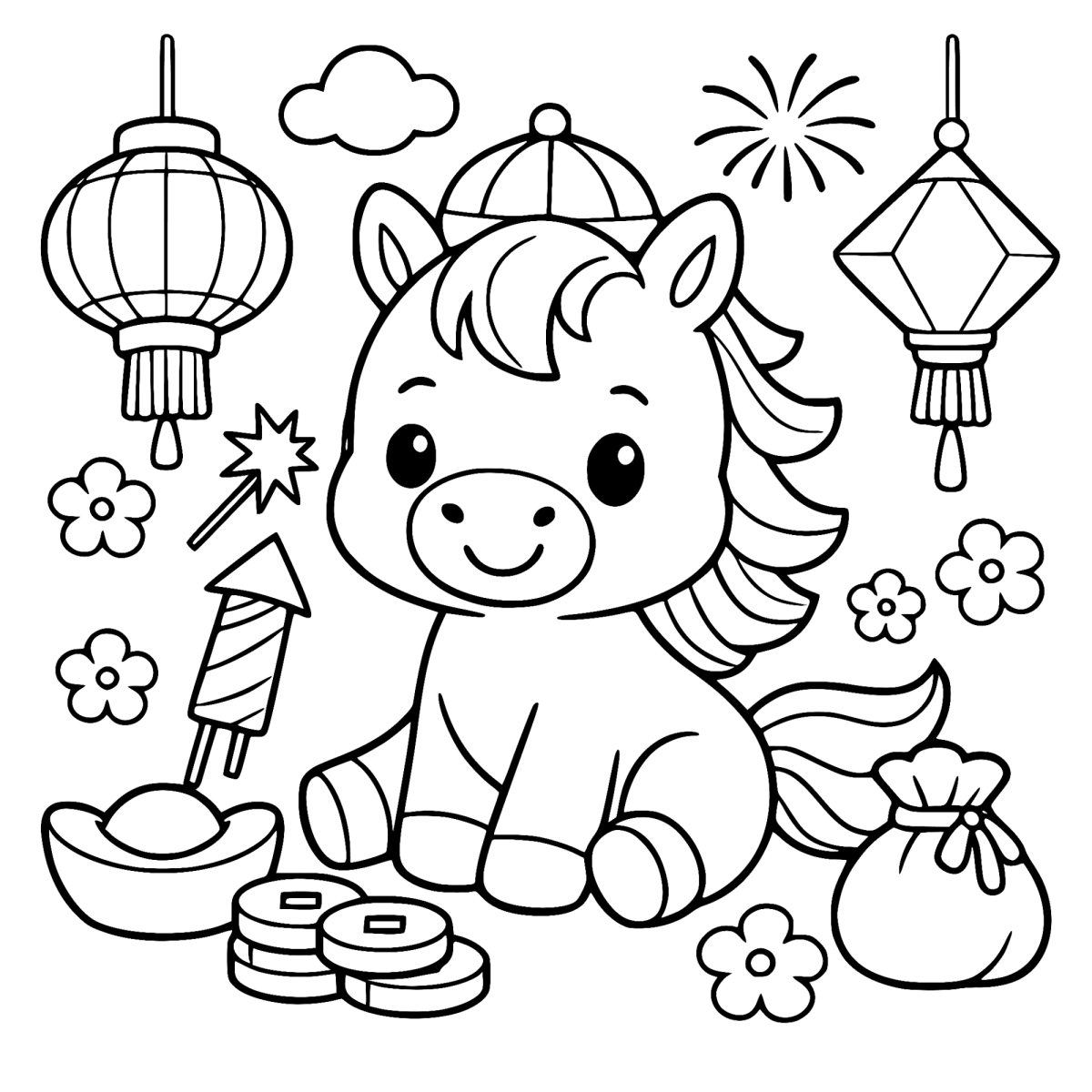 Unicórnio festejando com lanternas e foguetes para colorir
