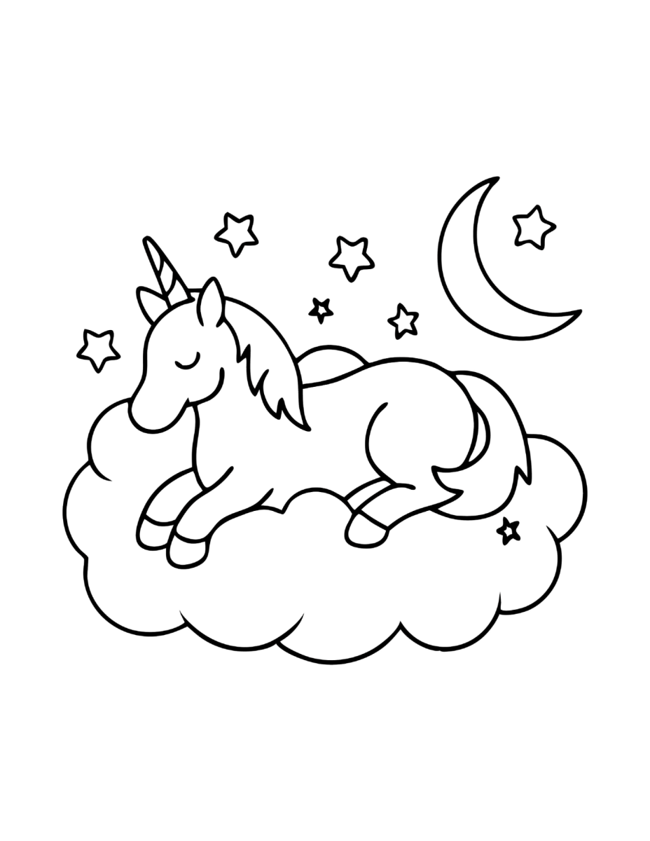 Unicórnio na nuvem olhando a lua para colorir