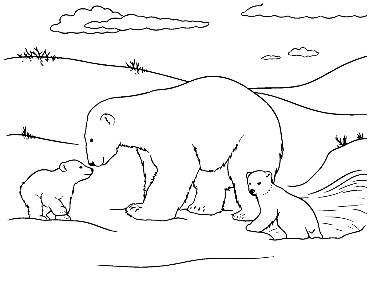 Ursa polar com os filhotes no gelo para colorir