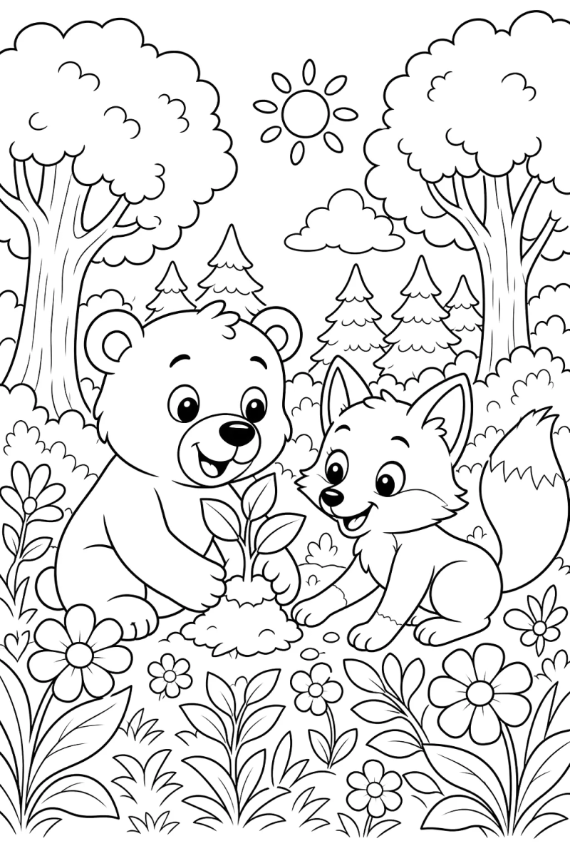 Ursinho e raposa plantando uma árvore para colorir