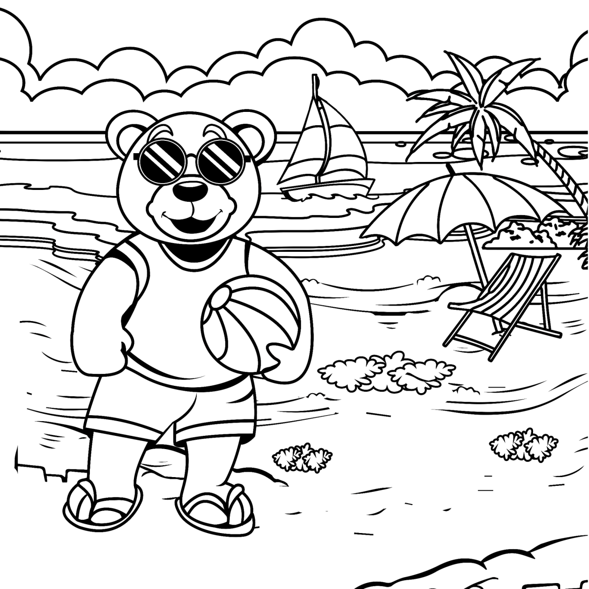 Ursinho jogando bola na praia para colorir