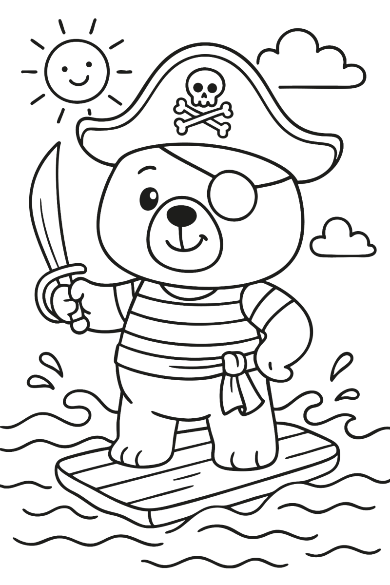 Ursinho pirata com espada na prancha para colorir