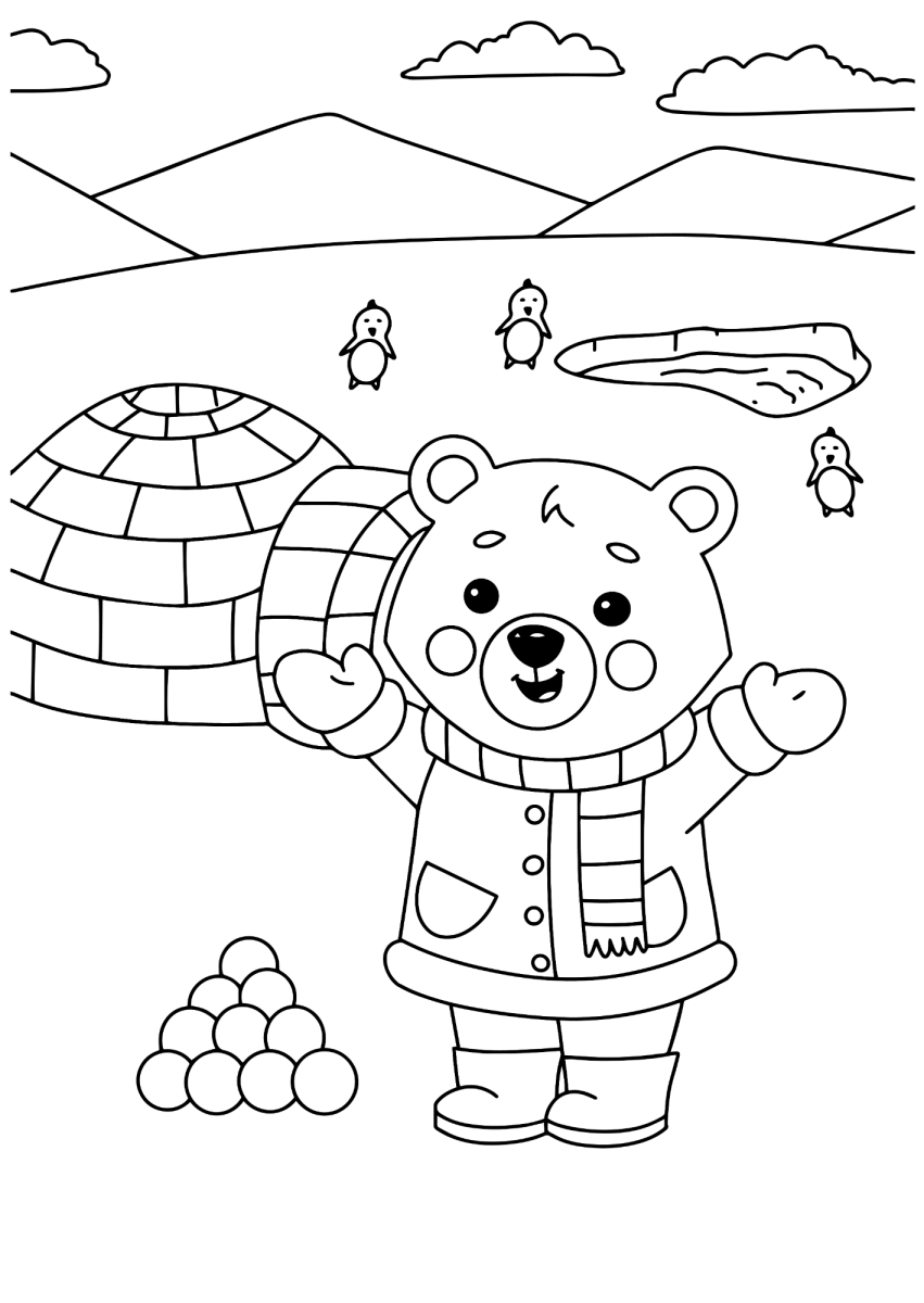Ursinho polar de casaco na frente do iglu para colorir