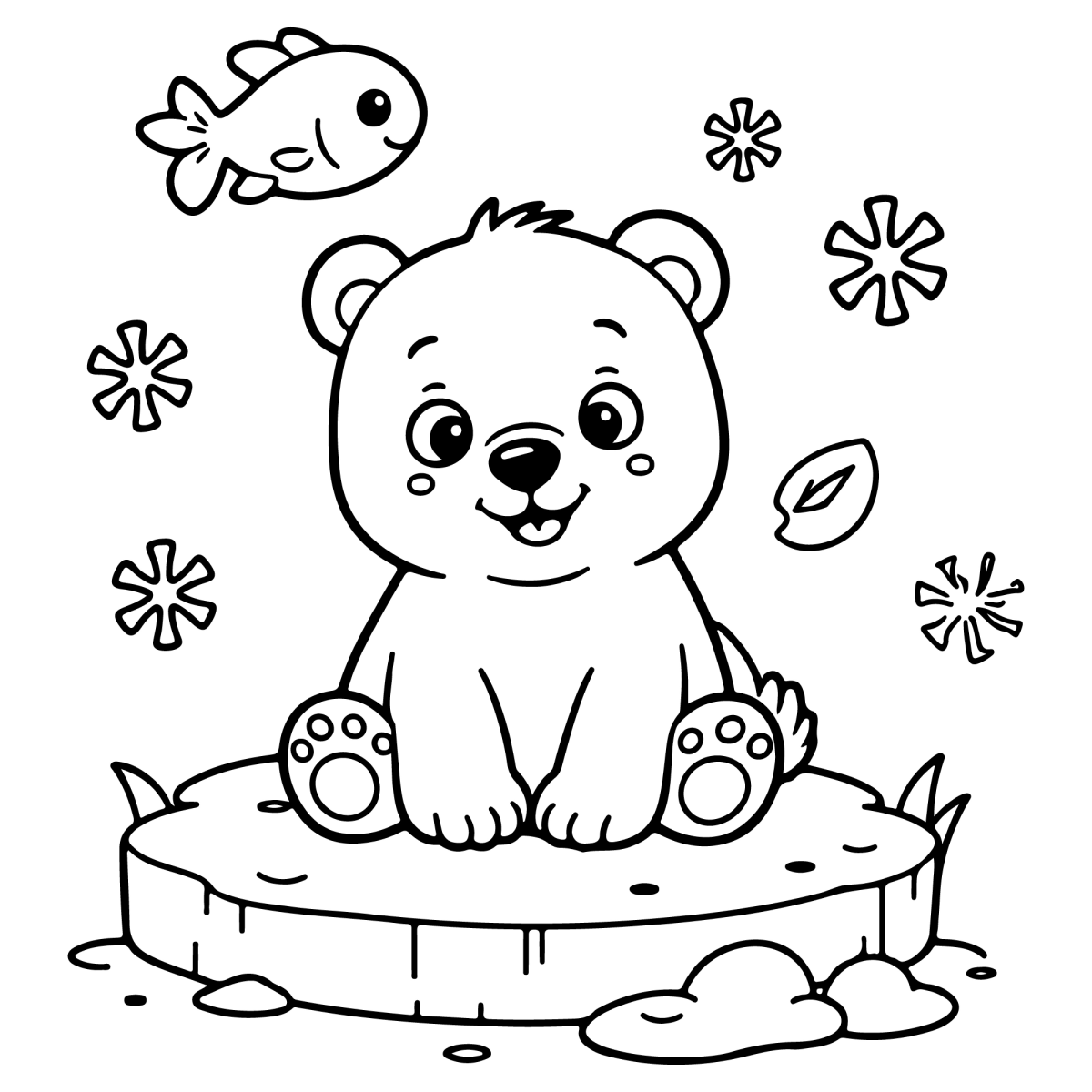 Ursinho polar no gelo com peixinho e flocos de neve para colorir