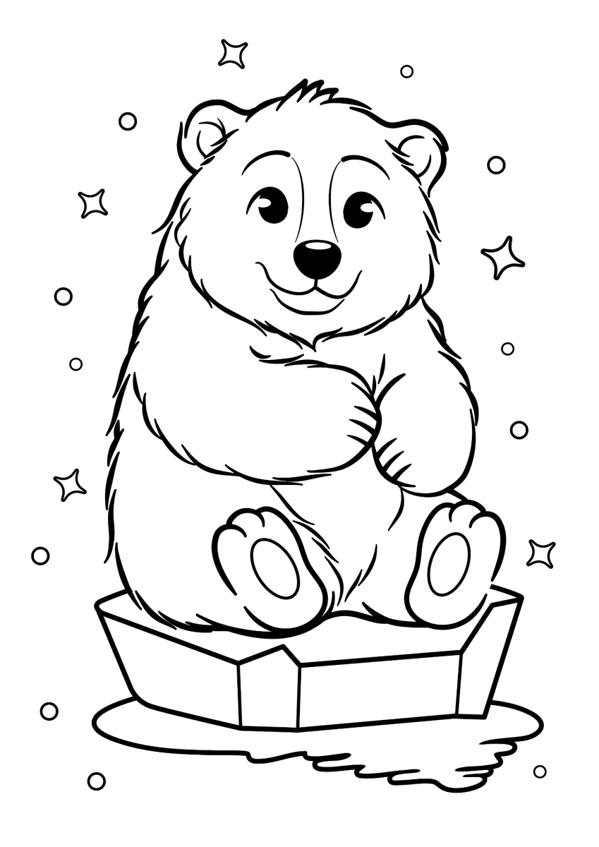 Ursinho polar sentado no gelo com flocos de neve para colorir