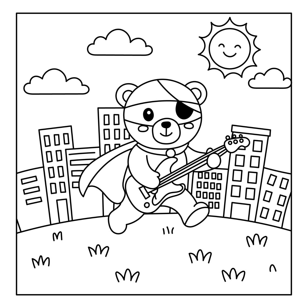 Ursinho super-herói na cidade para colorir