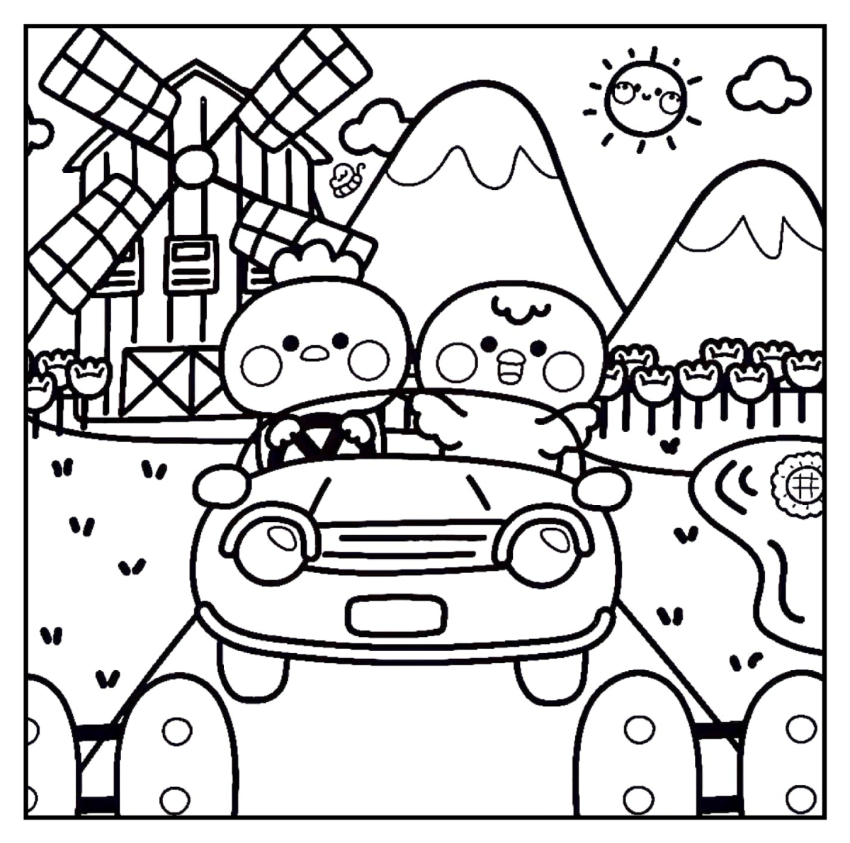 Ursinhos passeando de carro nas montanhas para colorir