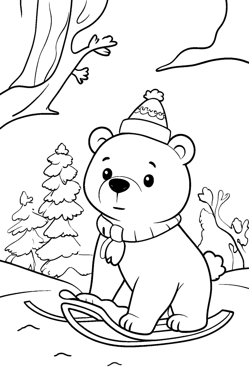 Urso polar brincando na neve perto do pinheiro para colorir